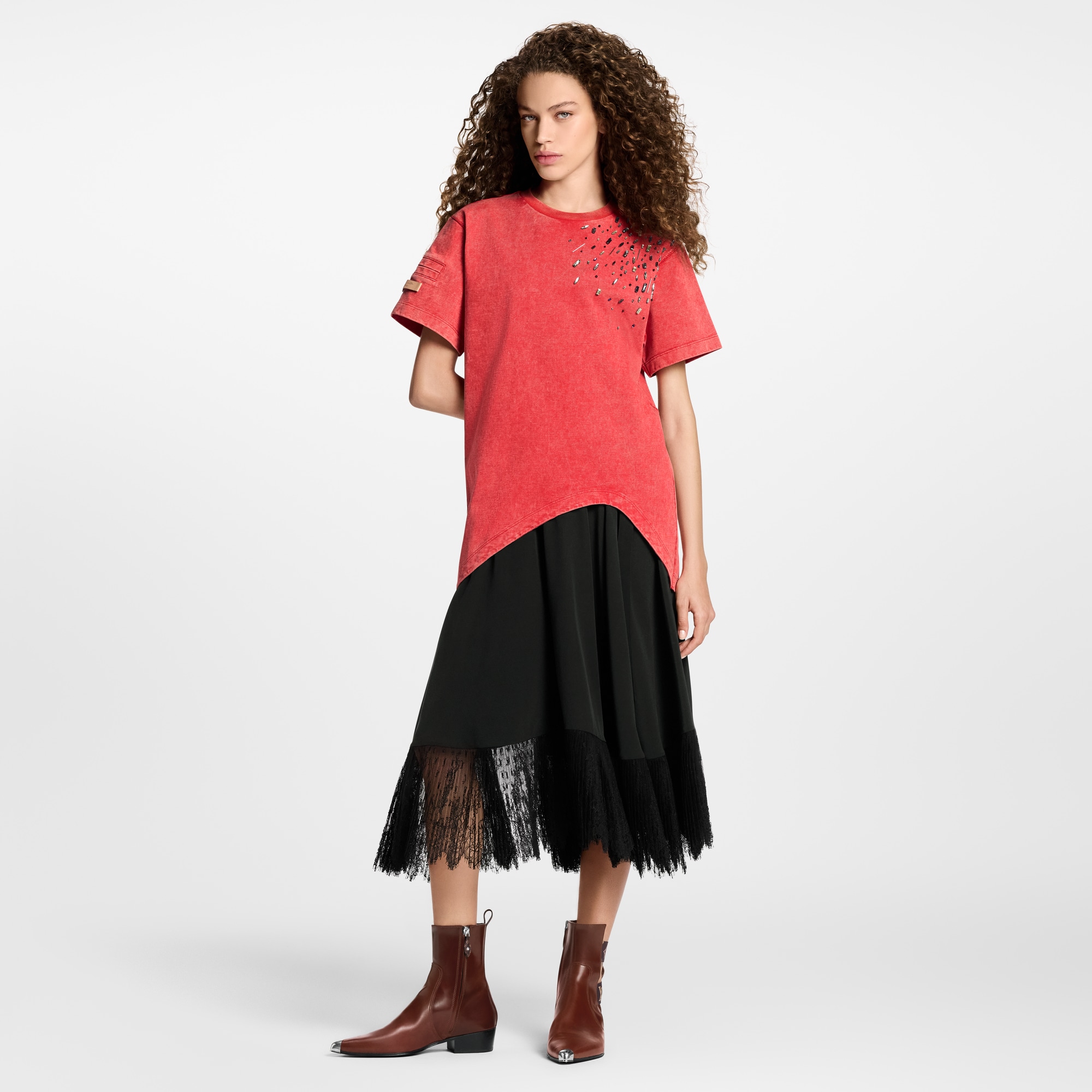 Bead Accent Curve Hem T-Shirt  in Women