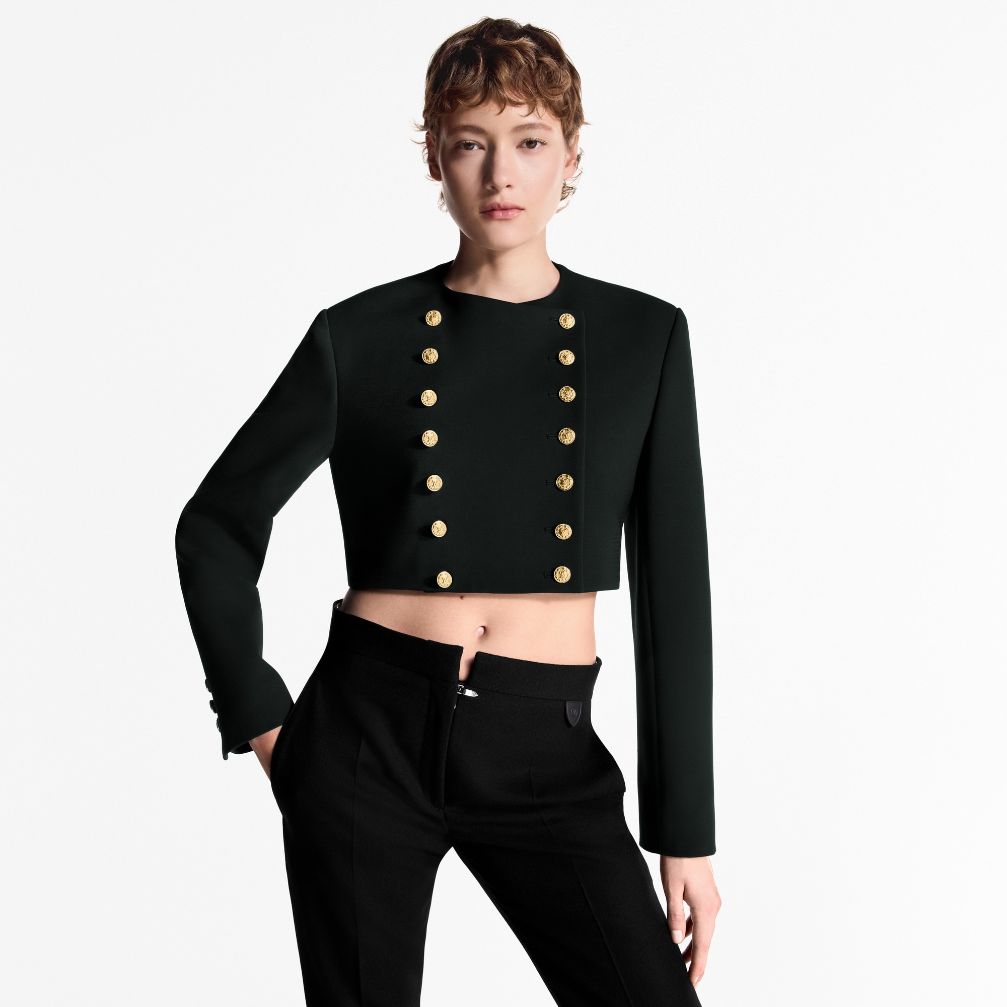 Cropped Button Trim Jacket   in Women