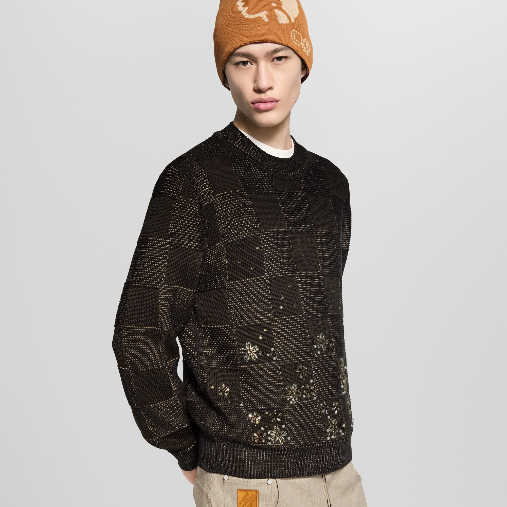 Damier Embroidered Long-Sleeved Crewneck  in Men