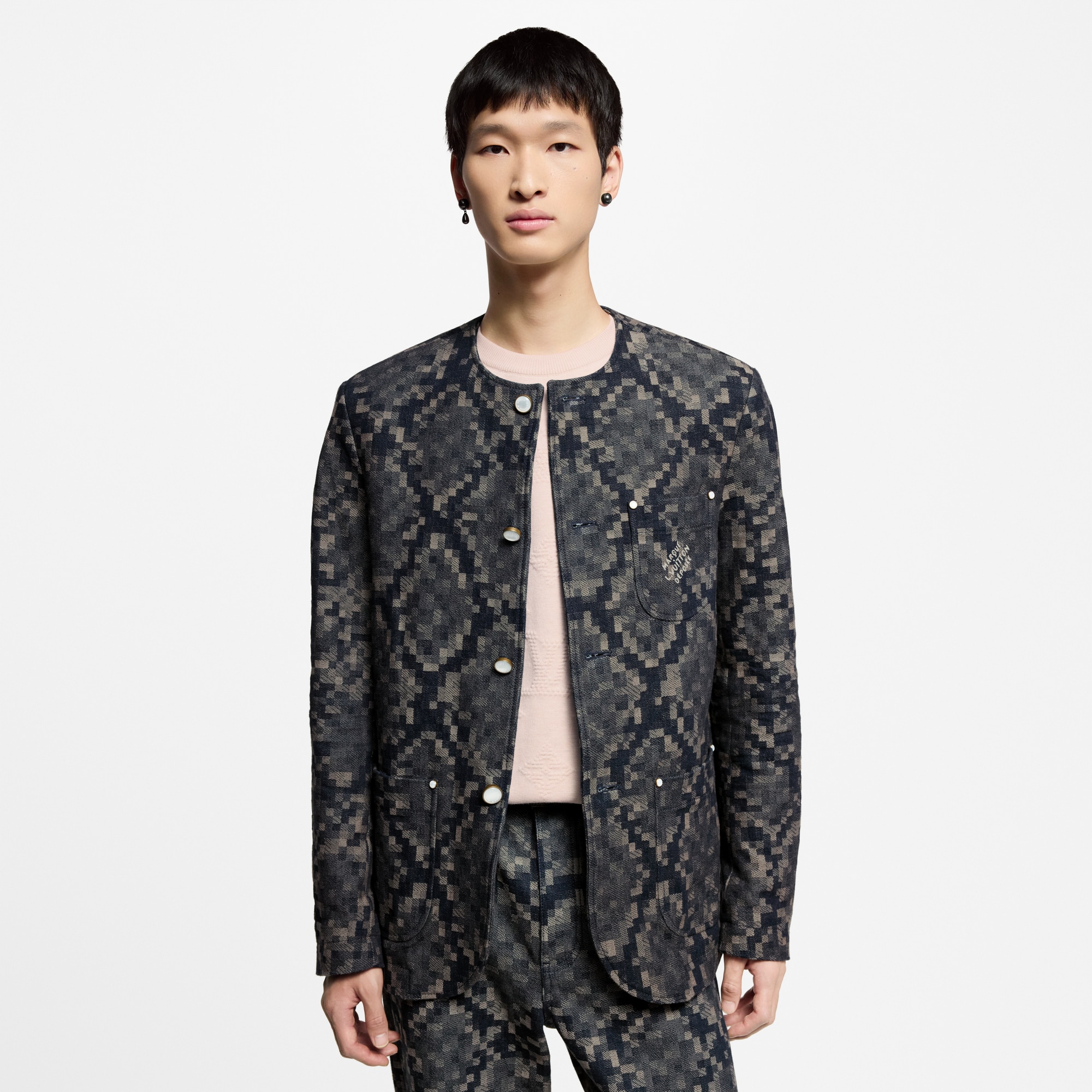 Graphic Collarless Denim Jacket  in Men