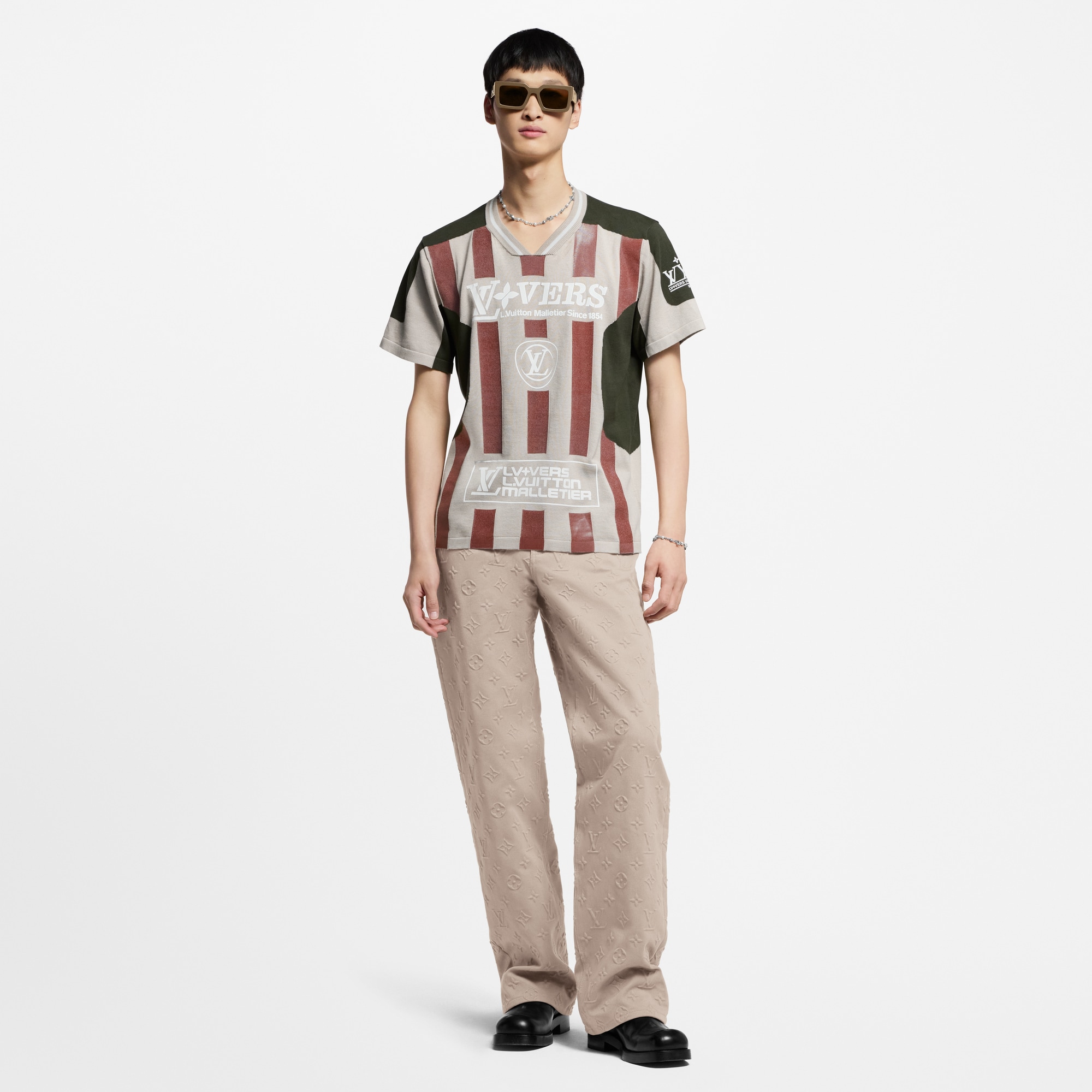 Intarsia Short-Sleeved V-Neck Top  in Men