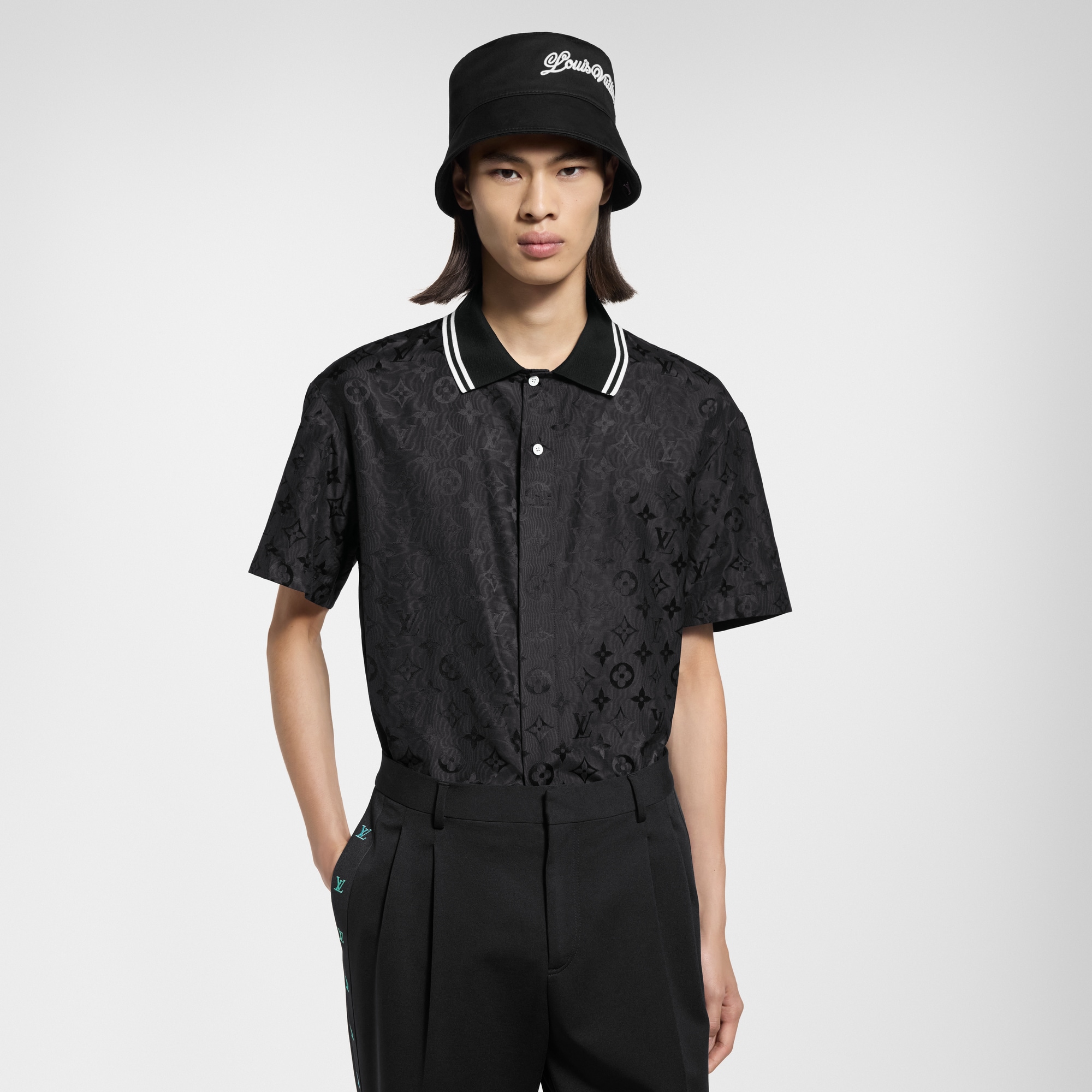 Monogram Moire Jacquard Short-Sleeved Silk Shirt  in Men