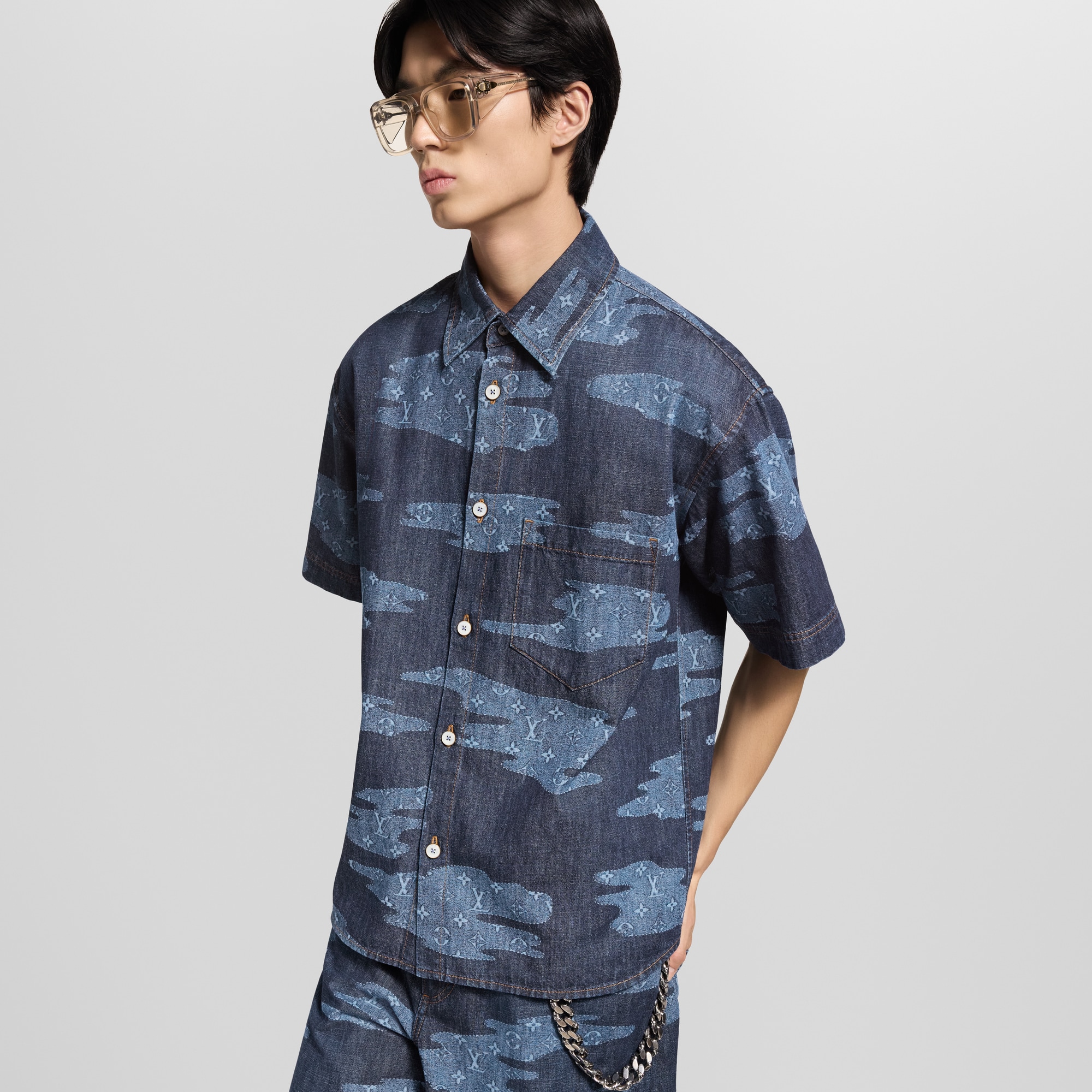Monogram Short-Sleeved Chambray Shirt  in Men