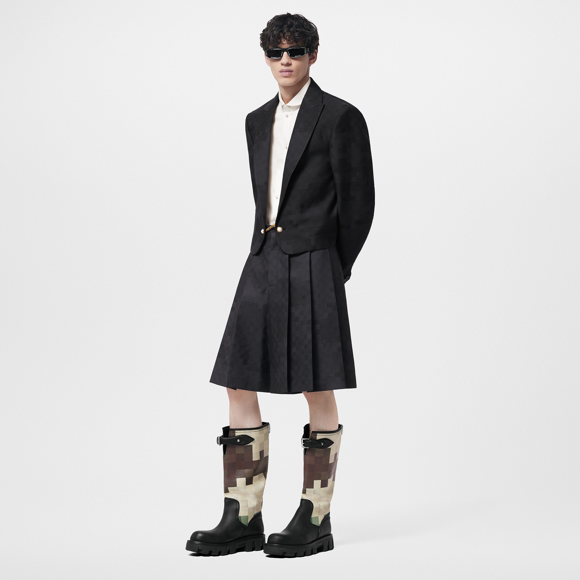 Pleated Silk And Wool Blend Damier Shorts  in Men