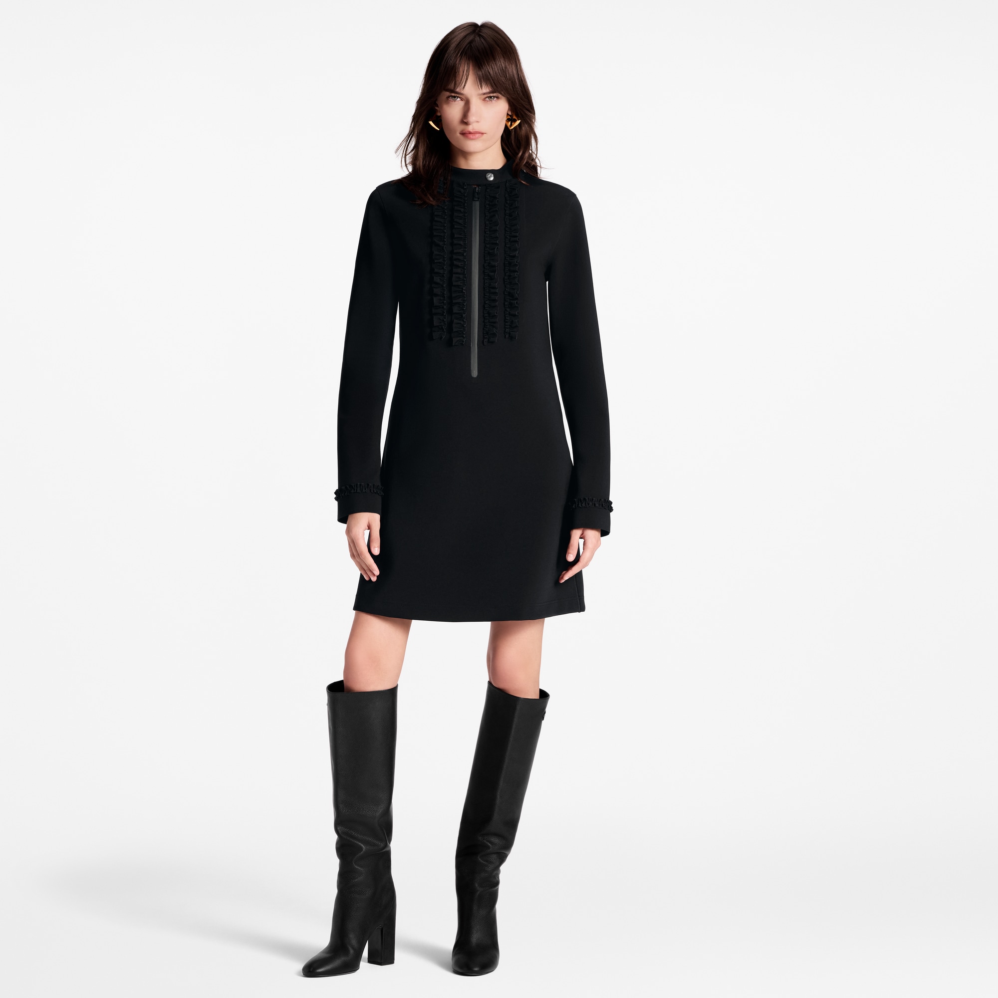 Ruffle Trim Long-Sleeved Technical Jersey Dress  in Women