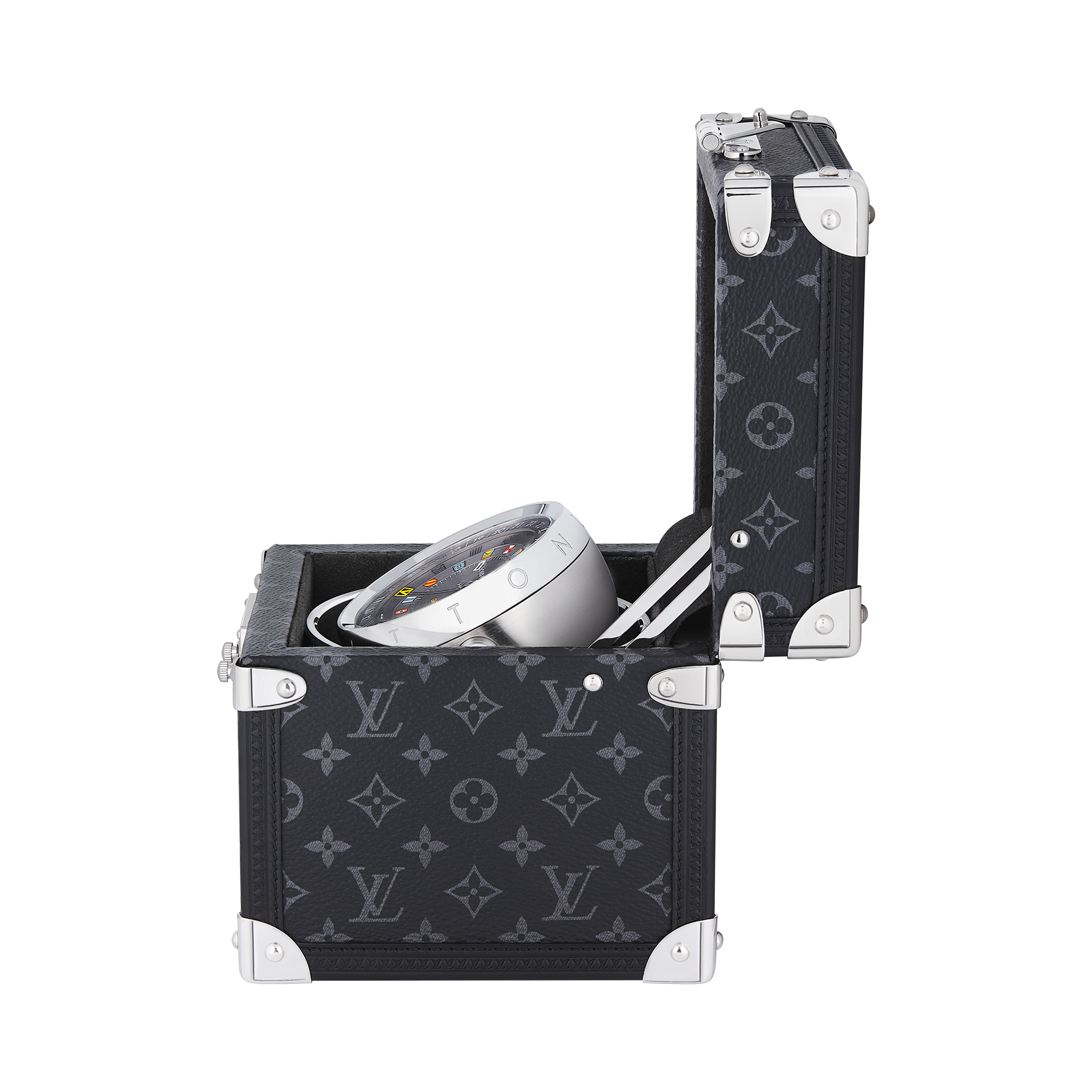 Trunk Table Clock, Quartz, 80mm, Brass, Monogram Eclipse  in Watches