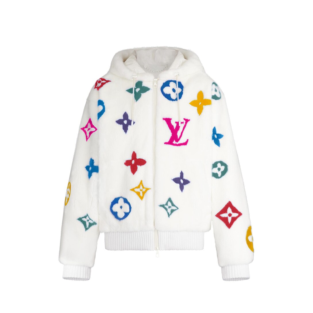 white fur zip up jacket